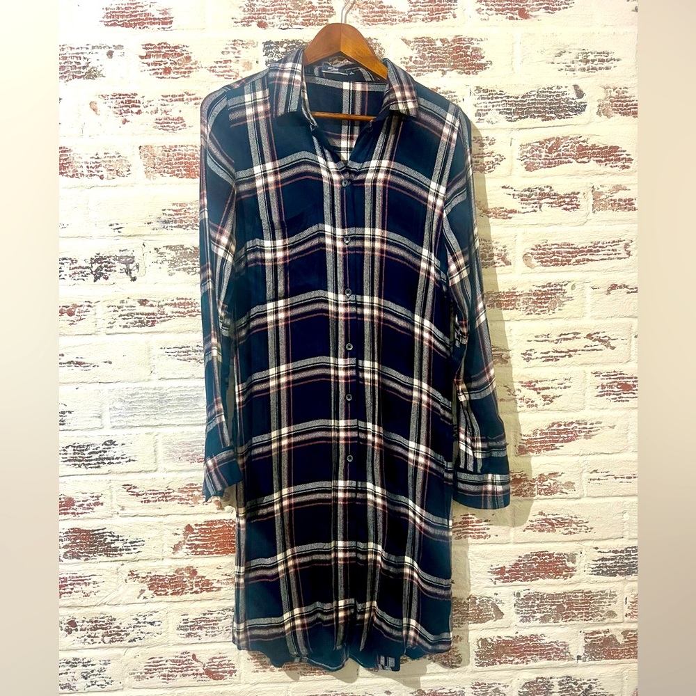 Silver Jeans Tunic Top Long Button-down Slit Sides Plaid Viscose Sz M